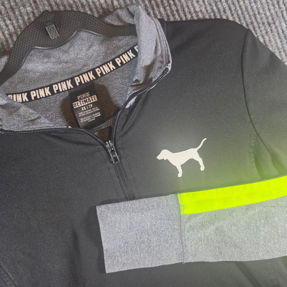 PINK Victoria's Secret Pullover Womens XS Black Gray Neon Good Quarter Zip Logo